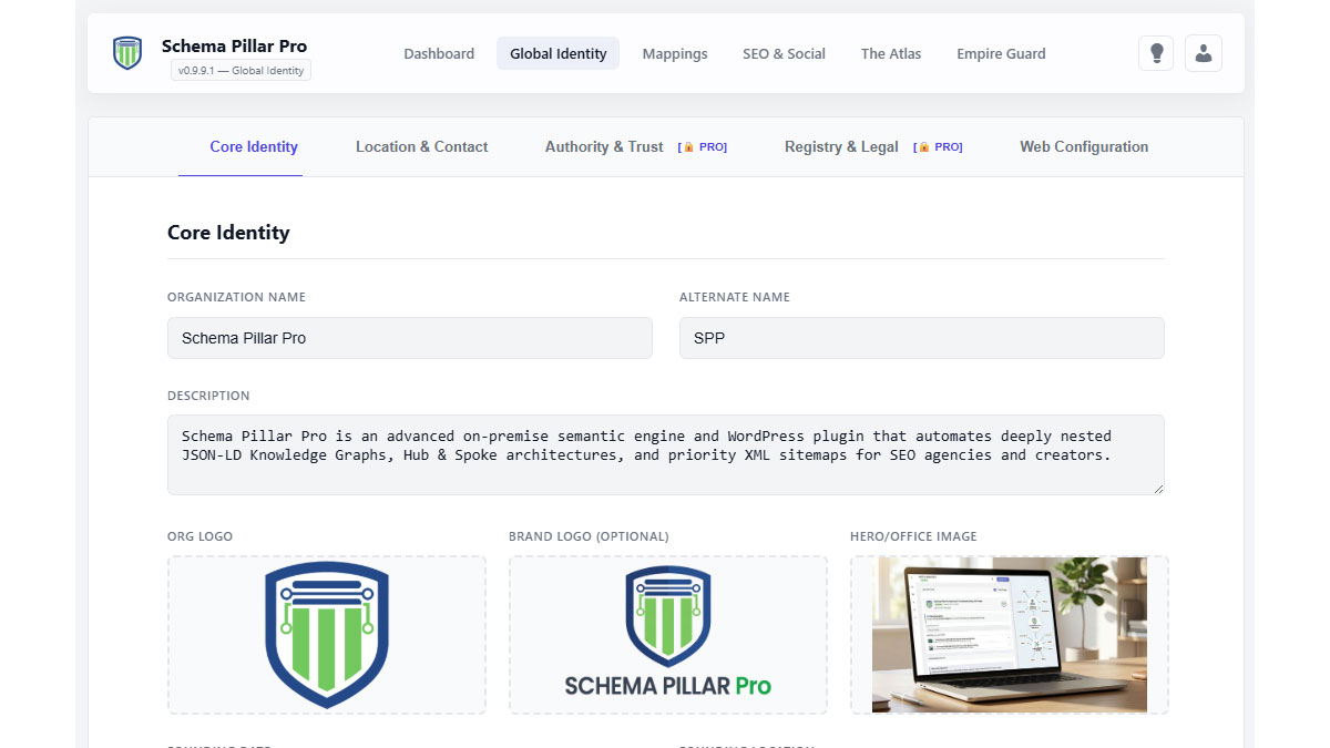 SPP Global Identity Dashboard UI showing SameAs social links