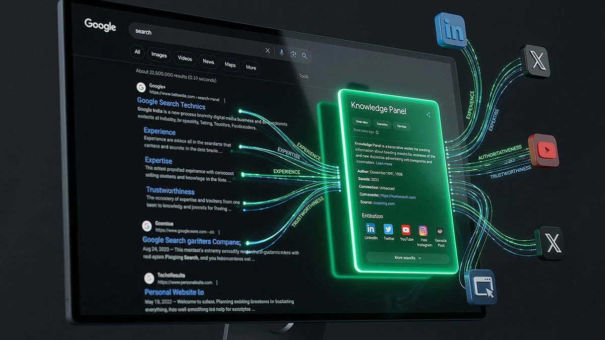A Google Knowledge Panel connected to social media profiles