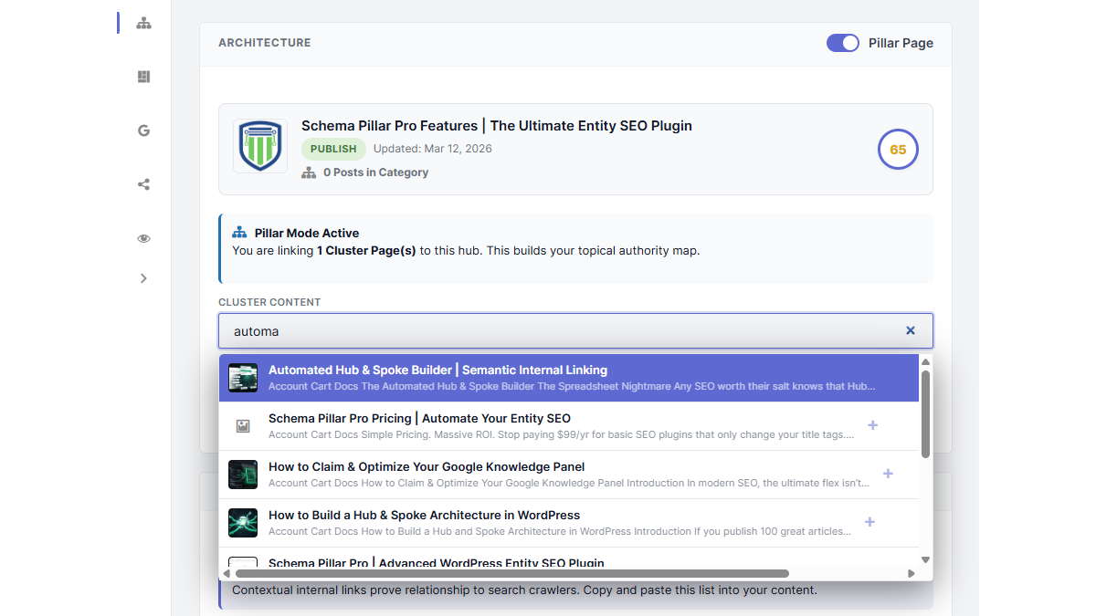 SaaS UI showing a dropdown menu selecting a parent pillar page